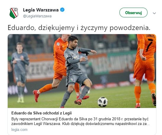 Eduardo odchodzi z Legii Warszawa